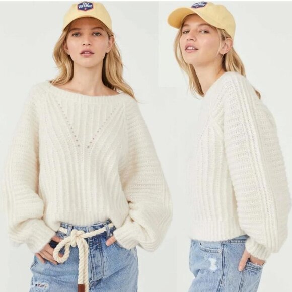 Free People Carter Sweater Ivory Pullover Balloon Sleeves Cuddly Oversized Sz LG - Picture 5 of 9
